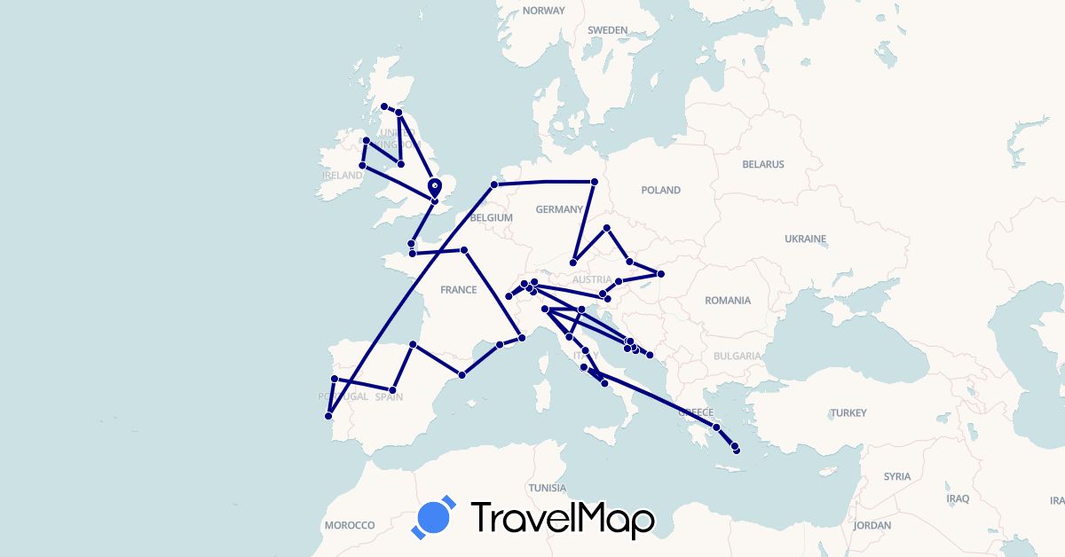 TravelMap itinerary: driving in Austria, Switzerland, Czech Republic, Germany, Spain, France, United Kingdom, Greece, Croatia, Hungary, Ireland, Italy, Jersey, Netherlands, Portugal, Slovenia (Europe)